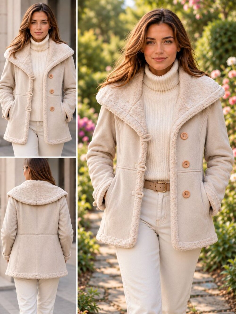 Jones New York Faux Suede Faux Fur Jacket Coat Women's M Cream Faux Fur Lined